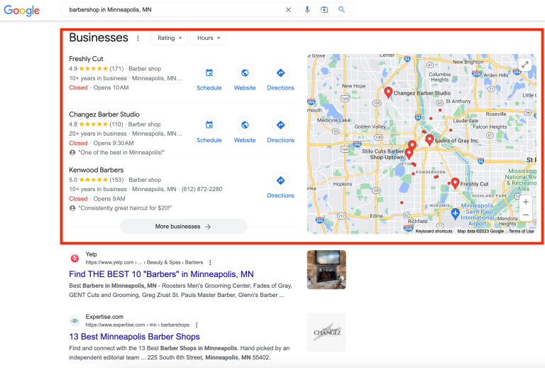 Google Local Pack and Maps search results showing local SEO visibility