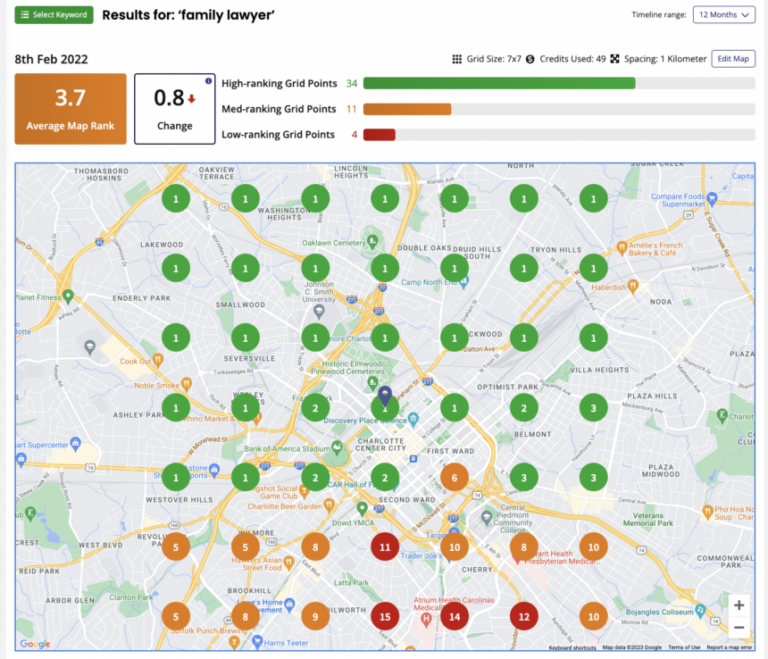 BrightLocal search grid showing local ranking visibility across a service area